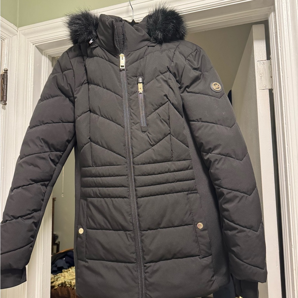 Michael Kors Black Puffer Jacket with Faux Fur Trim